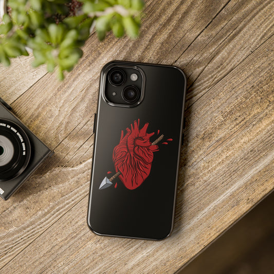 Black dual layer iPhone 15 case with heart and arrow illustration